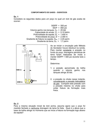 COMPORTAMENTO DE GASES - EXERCÍCIOS

Ex. 1
Considere os seguintes dados para um poço no qual um kick de gás acaba de
ocorrer:

                                              SIDPP =       500 psi
                                                SICP =      850 psi
                     Volume ganho nos tanques, Vgi =        25 bbl
                           Capacidade do anular, Ca =       0,10 bbl/m
                         Profundidade da sapata, Ds =       1.400 m
                            Profundidade do poço, D =       2.300 m
                  Gradiente de fratura na sapata, Gfrat =   2,45 psi/m
                             Gradiente da lama, Gm =        1,7 psi/m

            500                               Ao se iniciar a circulação pelo Método
                                              do Sondador houve blackout na sonda.
                     850                      Para manter constante a pressão no
                                              fundo do poço, drenagens periódicas de
                                25            lama foram realizadas de modo a
                                              manter SIDPP = 500 psi durante todo o
                                              tempo.

                                              Determine:

                                              1. a posição aproximada da bolha
  1400 m                                         quando o volume ganho nos
                                                 tanques atinge 30 bbl;


                                              2. a pressão no choke nesse instante,
                        250 m
   2300 m                                        considerando a pressão hidrostática
                                                 do gás. Compare esta pressão com
                                                 a pressão máxima no choke para
                                                 evitar fratura da formação mais
                                                 fraca.




Ex. 2
Para a mesma situação inicial de kick acima, assuma agora que o poço foi
mantido fechado e nenhuma drenagem de lama foi feita. Qual é a altura que a
base da bolha atinge no momento que se inicia a fratura na formação logo abaixo
da sapata?



                                                                                  21
 