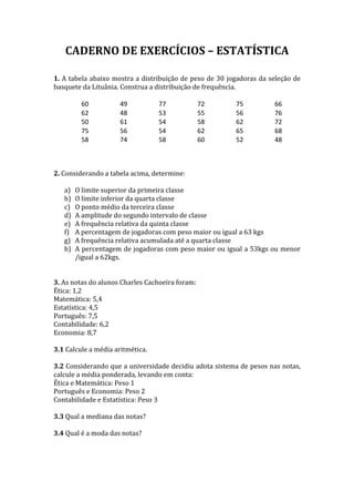 CADERNO	
  DE	
  EXERCÍCIOS	
  –	
  ESTATÍSTICA	
  
                                                             	
  
	
  
1.	
  A	
  tabela	
  abaixo	
  mostra	
  a	
  distribuição	
  de	
  peso	
  de	
  30	
  jogadoras	
  da	
  seleção	
  de	
  
basquete	
  da	
  Lituânia.	
  Construa	
  a	
  distribuição	
  de	
  frequência.	
  
	
  
                 60	
                49	
               77	
          72	
                 75	
              66	
  
                 62	
                48	
               53	
          55	
                 56	
              76	
  
                 50	
                61	
               54	
          58	
                 62	
              72	
  
                 75	
                56	
               54	
          62	
                 65	
              68	
  
                 58	
                74	
               58	
          60	
                 52	
              48	
  
	
  
	
  
	
  
2.	
  Considerando	
  a	
  tabela	
  acima,	
  determine:	
  
	
  
         a) O	
  limite	
  superior	
  da	
  primeira	
  classe	
  
         b) O	
  limite	
  inferior	
  da	
  quarta	
  classe	
  
         c) O	
  ponto	
  médio	
  da	
  terceira	
  classe	
  
         d) A	
  amplitude	
  do	
  segundo	
  intervalo	
  de	
  classe	
  
         e) A	
  frequência	
  relativa	
  da	
  quinta	
  classe	
  
         f) A	
  percentagem	
  de	
  jogadoras	
  com	
  peso	
  maior	
  ou	
  igual	
  a	
  63	
  kgs	
  
         g) A	
  frequência	
  relativa	
  acumulada	
  até	
  a	
  quarta	
  classe	
  
         h) A	
  percentagem	
  de	
  jogadoras	
  com	
  peso	
  maior	
  ou	
  igual	
  a	
  53kgs	
  ou	
  menor	
  
             /igual	
  a	
  62kgs.	
  
	
  
	
  
3.	
  As	
  notas	
  do	
  alunos	
  Charles	
  Cachoeira	
  foram:	
  
Ética:	
  1,2	
  
Matemática:	
  5,4	
  
Estatística:	
  4,5	
  
Português:	
  7,5	
  	
  
Contabilidade:	
  6,2	
  
Economia:	
  8,7	
  
	
  
3.1	
  Calcule	
  a	
  média	
  aritmética.	
  
	
  
3.2	
  Considerando	
  que	
  a	
  universidade	
  decidiu	
  adota	
  sistema	
  de	
  pesos	
  nas	
  notas,	
  
calcule	
  a	
  média	
  ponderada,	
  levando	
  em	
  conta:	
  
Ética	
  e	
  Matemática:	
  Peso	
  1	
  
Português	
  e	
  Economia:	
  Peso	
  2	
  
Contabilidade	
  e	
  Estatística:	
  Peso	
  3	
  
	
  	
  
3.3	
  Qual	
  a	
  mediana	
  das	
  notas?	
  
	
  
3.4	
  Qual	
  é	
  a	
  moda	
  das	
  notas?	
  
	
  
	
  	
  
 