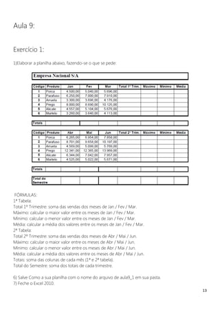 13
Aula 9:
Exercício 1:
1)Elaborar a planilha abaixo, fazendo-se o que se pede:
FÓRMULAS:
1ª Tabela:
Total 1º Trimestre: soma das vendas dos meses de Jan / Fev / Mar.
Máximo: calcular o maior valor entre os meses de Jan / Fev / Mar.
Mínimo: calcular o menor valor entre os meses de Jan / Fev / Mar.
Média: calcular a média dos valores entre os meses de Jan / Fev / Mar.
2ª Tabela:
Total 2º Trimestre: soma das vendas dos meses de Abr / Mai / Jun.
Máximo: calcular o maior valor entre os meses de Abr / Mai / Jun.
Mínimo: calcular o menor valor entre os meses de Abr / Mai / Jun.
Média: calcular a média dos valores entre os meses de Abr / Mai / Jun.
Totais: soma das colunas de cada mês (1ª e 2ª tabela).
Total do Semestre: soma dos totais de cada trimestre.
6) Salve Como a sua planilha com o nome do arquivo de aula9_1 em sua pasta.
7) Feche o Excel 2010.
 
