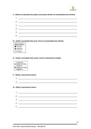 13
Prof. MSc. Gerisval Alves Pessoa - Revisão 05
C - Defina os requisitos de projeto (como) para atender as necessidades dos clientes:
1. _____________________________________________________________________
2. _____________________________________________________________________
3. _____________________________________________________________________
4. _____________________________________________________________________
5. _____________________________________________________________________
6. _____________________________________________________________________
D – Avalie a correlação (dos que): entre as necessidades dos clientes
E – Avalie a correlação (dos como): entre os requisitos do projeto
F – Defina o benchmark externo
1. _____________________________________________________________________
2. _____________________________________________________________________
G – Defina o benchmark interno
1. _____________________________________________________________________
2. _____________________________________________________________________
3. _____________________________________________________________________
4. _____________________________________________________________________
5. _____________________________________________________________________
 