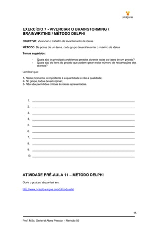 15
Prof. MSc. Gerisval Alves Pessoa - Revisão 05
EXERCÍCIO 7 - VIVENCIAR O BRAINSTORMING /
BRAINWRITING / MÉTODO DELPHI
OBJETIVO: Vivenciar o trabalho de levantamento de ideias
MÉTODO: De posse de um tema, cada grupo deverá levantar o máximo de ideias.
Temas sugeridos:
- Quais são os principais problemas gerados durante todas as fases de um projeto?
- Quais são os itens do projeto que podem gerar maior número de reclamações dos
clientes?
Lembrar que:
1- Neste momento, o importante é a quantidade e não a qualidade;
2- No grupo, todos devem opinar;
3- Não são permitidas críticas às ideias apresentadas.
1. _____________________________________________________________________
2. _____________________________________________________________________
3. _____________________________________________________________________
4. _____________________________________________________________________
5. _____________________________________________________________________
6. _____________________________________________________________________
7. _____________________________________________________________________
8. _____________________________________________________________________
9. _____________________________________________________________________
10. _____________________________________________________________________
ATIVIDADE PRÉ-AULA 11 – MÉTODO DELPHI
Ouvir o podcast disponível em:
http://www.ricardo-vargas.com/pt/podcasts/
 
