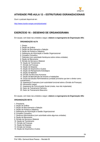 24
Prof. MSc. Gerisval Alves Pessoa - Revisão 05
ATIVIDADE PRÉ-AULA 12 – ESTRUTURAS OGRANIZACIONAIS
Ouvir o podcast disponível em:
http://www.ricardo-vargas.com/pt/podcasts/
EXERCÍCIO 16 – DESENHO DE ORGANOGRAMA
Em equipe, com base nas unidades a seguir, elabore o organograma da Organização Alfa:
ORGANIZAÇÃO ALFA
1. Diretor
2. Seção de Gráfica
3. Seção de Recrutamento e Seleção
4. Seção de Portaria e Zeladoria
5. Assessoria de Informação e Gestão Organizacional
6. Conselho Consultivo
7. Gabinete (com autoridade hierárquica sobre várias unidades)
8. Seção de Marcenaria
9. Divisão de Serviços e Material
10. Seção de Treinamento
11. Divisão de Finanças
12. Seção de Despesa
13. Seção de Orçamento e Custos
14. Seção de Planejamento Estratégico
15. Seção de Material
16. Divisão de Recursos Humanos
17. Seção de Manutenção de Imóveis e Instalações
18. Grupo de Estudos Administrativos (unidade provisória que tem o diretor como
coordenador)
19. Assessoria Financeira (com autoridade funcional sobre a Divisão de Finanças)
20. Almoxarife (cargo)
21. Assessoria de Comunicação Social (criada, mas não implantada)
22. Setor de Treinamento Feminino
23. Setor de Treinamento Masculino
Em equipe, com base nas unidades a seguir, elabore o organograma da Organização Alfa:
ORGANIZAÇÃO BETA
1. Presidente
2. Seção de Gráfica
3. Seção de Recrutamento e Seleção
4. Seção de Portaria e Zeladoria
5. Assessoria de Informação e Gestão Organizacional
6. Conselho Consultivo
7. Gerência Administrativa (com autoridade sobre algumas unidades)
8. Seção de Marcenaria
9. Divisão de Serviços e Material
10. Seção de Treinamento
11. Divisão de Finanças
12. Seção de Despesa
13. Divisão de Vendas
14. Seção de Orçamento e Custos
 