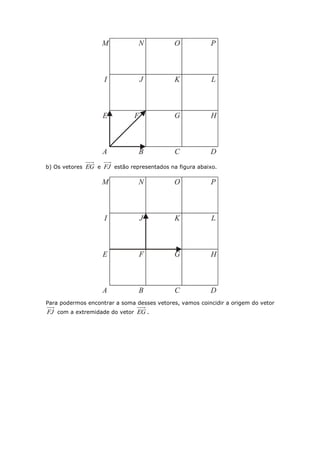 b) Os vetores EG e FJ estão representados na figura abaixo.
Para podermos encontrar a soma desses vetores, vamos coincidir a origem do vetor
FJ com a extremidade do vetor EG .
 