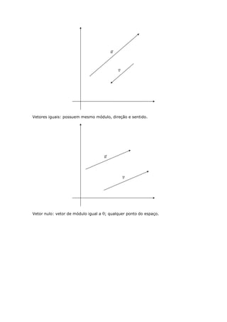 Vetores iguais: possuem mesmo módulo, direção e sentido.
Vetor nulo: vetor de módulo igual a 0; qualquer ponto do espaço.
 