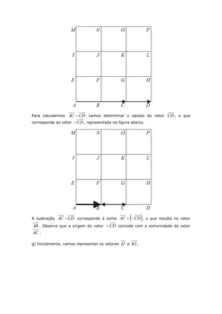 Para calcularmos CDAC  vamos determinar o oposto do vetor CD, o que
corresponde ao vetor CD , representado na figura abaixo.
A subtração CDAC  corresponde à soma  CDAC  , o que resulta no vetor
AB . Observe que a origem do vetor CD coincide com a extremidade do vetor
AC .
g) Inicialmente, vamos representar os vetores IJ e KL .
 