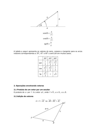 ||
)(sen
v
b

||
)(cos
v
a

a
b
)(tg 
A tabela a seguir apresenta os valores do seno, cosseno e tangente para os arcos
notáveis correspondentes a 30°, 45° e 60° e será útil em muitos casos.
30° 45° 60°
sen
2
1
2
2
2
3
cos
2
3
2
2
2
1
tg
3
3
1 3
2. Operações envolvendo vetores
2.1 Produto de um vetor por um escalar
O produto de  por v

é o vetor v

 , onde 0

v , 0 , R .
2.2 Adição de vetores
ACvu 

ou ACBCAB 
 
