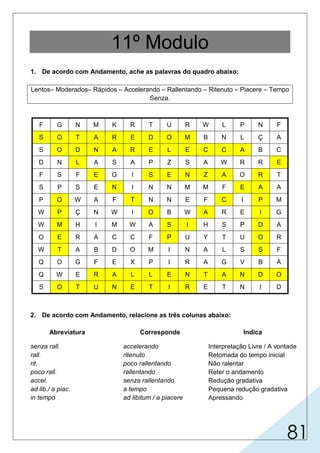 81
11º Modulo
1. De acordo com Andamento, ache as palavras do quadro abaixo:
Lentos– Moderados– Rápidos – Accelerando – Rallentando – Ritenuto – Piacere – Tempo
Senza.
F G N M K R T U R W L P N F
S O T A R E D O M B N L Ç A
S O D N A R E L E C C A B C
D N L A S A P Z S A W R R E
F S F E G I S E N Z A O R T
S P S E N I N N M M F E A A
P O W A F T N N E F C I P M
W P Ç N W I O B W A R E I G
W M H I M W A S I H S P D A
O E R A C C F P U Y T U O R
W T A B D O M I N A L S S F
Q O G F E X P I R A G V B A
Q W E R A L L E N T A N D O
S O T U N E T I R E T N I D
2. De acordo com Andamento, relacione as três colunas abaixo:
Abreviatura
senza rall.
rall.
rit.
poco rall.
accel.
ad lib./ a piac.
in tempo
Corresponde
accelerando
ritenuto
poco rallentando
rallentando
senza rallentando
a tempo
ad libitum / a piacere
Indica
Interpretação Livre / A vontade
Retomada do tempo inicial
Não ralentar
Reter o andamento
Redução gradativa
Pequena redução gradativa
Apressando
(a)
(b)
(c)
(d)
(e)
( f )
(g)
(e)
(c)
(d)
(b)
(a)
(g)
( f )
( f )
(g)
(a)
(c)
(b)
(d)
(e)
 