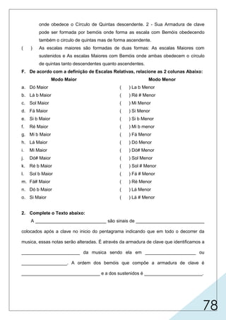 78
F. De acordo com a definição de Escalas Relativas, relacione as 2 colunas Abaixo:
Modo Maior
a. Dó Maior
b. Lá b Maior
c. Sol Maior
d. Fá Maior
e. Si b Maior
f. Ré Maior
g. Mi b Maior
h. Lá Maior
i. Mi Maior
j. Dó# Maior
k. Ré b Maior
l. Sol b Maior
m. Fá# Maior
n. Dó b Maior
o. Si Maior
Modo Menor
( ) La b Menor
( ) Ré # Menor
( ) Mi Menor
( ) Si Menor
( ) Si b Menor
( ) Mi b menor
( ) Fá Menor
( ) Dó Menor
( ) Dó# Menor
( ) Sol Menor
( ) Sol # Menor
( ) Fá # Menor
( ) Ré Menor
( ) Lá Menor
( ) Lá # Menor
2. Complete o Texto abaixo:
A ____________________________ são sinais de ___________________________
colocados após a clave no inicio do pentagrama indicando que em todo o decorrer da
musica, essas notas serão alteradas. É através da armadura de clave que identificamos a
_______________________ da musica sendo ela em ____________________ ou
__________________. A ordem dos bemóis que compõe a armadura de clave é
_______________________________ e a dos sustenidos é _______________________.
onde obedece o Círculo de Quintas descendente. 2 - Sua Armadura de clave
pode ser formada por bemóis onde forma as escala com Bemóis obedecendo
também o circulo de quintas mas de forma ascendente.
( ) As escalas maiores são formadas de duas formas: As escalas Maiores com
sustenidos e As escalas Maiores com Bemóis onde ambas obedecem o círculo
de quintas tanto descendentes quanto ascendentes.
 