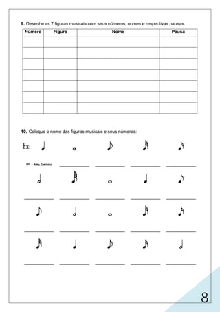 8
9. Desenhe as 7 figuras musicais com seus números, nomes e respectivas pausas.
Número Figura Nome Pausa
10. Coloque o nome das figuras musicais e seus números:
Ex:     
Nº4 – Nome: Semínima ____________ ____________ ____________ ____________
    
____________ ____________ ____________ ____________ ____________
    
____________ ____________ ____________ ____________ ____________
    
____________ ____________ ____________ ____________ ____________
 