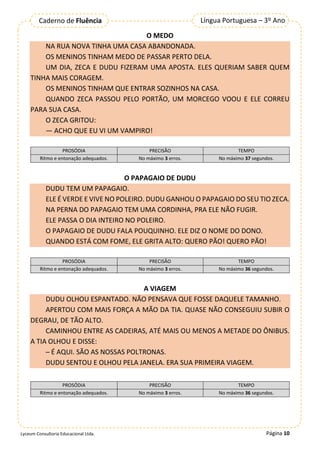 Página 10
Língua Portuguesa – 3º Ano
Caderno de Fluência
Lyceum Consultoria Educacional Ltda.
O MEDO
NA RUA NOVA TINHA UMA CASA ABANDONADA.
OS MENINOS TINHAM MEDO DE PASSAR PERTO DELA.
UM DIA, ZECA E DUDU FIZERAM UMA APOSTA. ELES QUERIAM SABER QUEM
TINHA MAIS CORAGEM.
OS MENINOS TINHAM QUE ENTRAR SOZINHOS NA CASA.
QUANDO ZECA PASSOU PELO PORTÃO, UM MORCEGO VOOU E ELE CORREU
PARA SUA CASA.
O ZECA GRITOU:
— ACHO QUE EU VI UM VAMPIRO!
PROSÓDIA PRECISÃO TEMPO
Ritmo e entonação adequados. No máximo 3 erros. No máximo 37 segundos.
O PAPAGAIO DE DUDU
DUDU TEM UM PAPAGAIO.
ELE É VERDE E VIVE NO POLEIRO. DUDU GANHOU O PAPAGAIO DO SEU TIO ZECA.
NA PERNA DO PAPAGAIO TEM UMA CORDINHA, PRA ELE NÃO FUGIR.
ELE PASSA O DIA INTEIRO NO POLEIRO.
O PAPAGAIO DE DUDU FALA POUQUINHO. ELE DIZ O NOME DO DONO.
QUANDO ESTÁ COM FOME, ELE GRITA ALTO: QUERO PÃO! QUERO PÃO!
PROSÓDIA PRECISÃO TEMPO
Ritmo e entonação adequados. No máximo 3 erros. No máximo 36 segundos.
A VIAGEM
DUDU OLHOU ESPANTADO. NÃO PENSAVA QUE FOSSE DAQUELE TAMANHO.
APERTOU COM MAIS FORÇA A MÃO DA TIA. QUASE NÃO CONSEGUIU SUBIR O
DEGRAU, DE TÃO ALTO.
CAMINHOU ENTRE AS CADEIRAS, ATÉ MAIS OU MENOS A METADE DO ÔNIBUS.
A TIA OLHOU E DISSE:
─ É AQUI. SÃO AS NOSSAS POLTRONAS.
DUDU SENTOU E OLHOU PELA JANELA. ERA SUA PRIMEIRA VIAGEM.
PROSÓDIA PRECISÃO TEMPO
Ritmo e entonação adequados. No máximo 3 erros. No máximo 36 segundos.
 