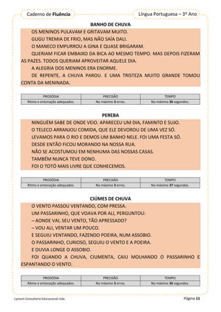 Página 11
Língua Portuguesa – 3º Ano
Caderno de Fluência
Lyceum Consultoria Educacional Ltda.
BANHO DE CHUVA
OS MENINOS PULAVAM E GRITAVAM MUITO.
GUGU TREMIA DE FRIO, MAS NÃO SAÍA DALI.
O MANECO EMPURROU A GINA E QUASE BRIGARAM.
QUERIAM FICAR EMBAIXO DA BICA AO MESMO TEMPO. MAS DEPOIS FIZERAM
AS PAZES. TODOS QUERIAM APROVEITAR AQUELE DIA.
A ALEGRIA DOS MENINOS ERA ENORME.
DE REPENTE, A CHUVA PAROU. E UMA TRISTEZA MUITO GRANDE TOMOU
CONTA DA MENINADA.
PROSÓDIA PRECISÃO TEMPO
Ritmo e entonação adequados. No máximo 3 erros. No máximo 36 segundos.
PEREBA
NINGUÉM SABE DE ONDE VEIO. APARECEU UM DIA, FAMINTO E SUJO.
O TELECO ARRANJOU COMIDA, QUE ELE DEVOROU DE UMA VEZ SÓ.
LEVAMOS PARA O RIO E DEMOS UM BANHO NELE. FOI UMA FESTA SÓ.
DESDE ENTÃO FICOU MORANDO NA NOSSA RUA.
NÃO SE ACOSTUMOU EM NENHUMA DAS NOSSAS CASAS.
TAMBÉM NUNCA TEVE DONO.
FOI O TOTÓ MAIS LIVRE QUE CONHECEMOS.
PROSÓDIA PRECISÃO TEMPO
Ritmo e entonação adequados. No máximo 3 erros. No máximo 37 segundos.
CIÚMES DE CHUVA
O VENTO PASSOU VENTANDO, COM PRESSA.
UM PASSARINHO, QUE VOAVA POR ALI, PERGUNTOU:
─ AONDE VAI, SEU VENTO, TÃO APRESSADO?
─ VOU ALI, VENTAR UM POUCO.
E SEGUIU VENTANDO, FAZENDO POEIRA, NUM ASSOBIO.
O PASSARINHO, CURIOSO, SEGUIU O VENTO E A POEIRA.
E OUVIA LONGE O ASSOBIO.
FOI QUANDO A CHUVA, CIUMENTA, CAIU MOLHANDO O PASSARINHO E
ESPANTANDO O VENTO.
PROSÓDIA PRECISÃO TEMPO
Ritmo e entonação adequados. No máximo 3 erros. No máximo 36 segundos.
 