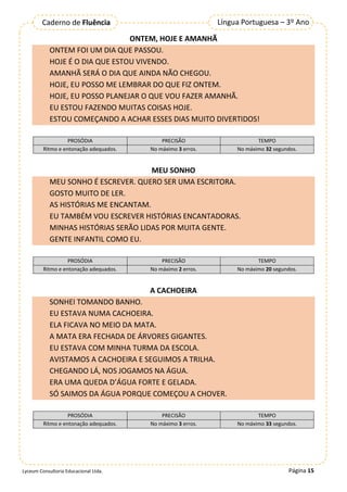 Página 15
Língua Portuguesa – 3º Ano
Caderno de Fluência
Lyceum Consultoria Educacional Ltda.
ONTEM, HOJE E AMANHÃ
ONTEM FOI UM DIA QUE PASSOU.
HOJE É O DIA QUE ESTOU VIVENDO.
AMANHÃ SERÁ O DIA QUE AINDA NÃO CHEGOU.
HOJE, EU POSSO ME LEMBRAR DO QUE FIZ ONTEM.
HOJE, EU POSSO PLANEJAR O QUE VOU FAZER AMANHÃ.
EU ESTOU FAZENDO MUITAS COISAS HOJE.
ESTOU COMEÇANDO A ACHAR ESSES DIAS MUITO DIVERTIDOS!
PROSÓDIA PRECISÃO TEMPO
Ritmo e entonação adequados. No máximo 3 erros. No máximo 32 segundos.
MEU SONHO
MEU SONHO É ESCREVER. QUERO SER UMA ESCRITORA.
GOSTO MUITO DE LER.
AS HISTÓRIAS ME ENCANTAM.
EU TAMBÉM VOU ESCREVER HISTÓRIAS ENCANTADORAS.
MINHAS HISTÓRIAS SERÃO LIDAS POR MUITA GENTE.
GENTE INFANTIL COMO EU.
PROSÓDIA PRECISÃO TEMPO
Ritmo e entonação adequados. No máximo 2 erros. No máximo 20 segundos.
A CACHOEIRA
SONHEI TOMANDO BANHO.
EU ESTAVA NUMA CACHOEIRA.
ELA FICAVA NO MEIO DA MATA.
A MATA ERA FECHADA DE ÁRVORES GIGANTES.
EU ESTAVA COM MINHA TURMA DA ESCOLA.
AVISTAMOS A CACHOEIRA E SEGUIMOS A TRILHA.
CHEGANDO LÁ, NOS JOGAMOS NA ÁGUA.
ERA UMA QUEDA D’ÁGUA FORTE E GELADA.
SÓ SAIMOS DA ÁGUA PORQUE COMEÇOU A CHOVER.
PROSÓDIA PRECISÃO TEMPO
Ritmo e entonação adequados. No máximo 3 erros. No máximo 33 segundos.
 