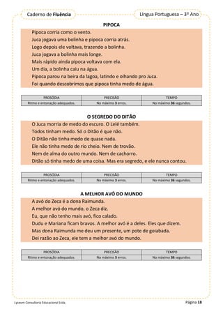 Página 18
Língua Portuguesa – 3º Ano
Caderno de Fluência
Lyceum Consultoria Educacional Ltda.
PIPOCA
Pipoca corria como o vento.
Juca jogava uma bolinha e pipoca corria atrás.
Logo depois ele voltava, trazendo a bolinha.
Juca jogava a bolinha mais longe.
Mais rápido ainda pipoca voltava com ela.
Um dia, a bolinha caiu na água.
Pipoca parou na beira da lagoa, latindo e olhando pro Juca.
Foi quando descobrimos que pipoca tinha medo de água.
PROSÓDIA PRECISÃO TEMPO
Ritmo e entonação adequados. No máximo 3 erros. No máximo 36 segundos.
O SEGREDO DO DITÃO
O Juca morria de medo do escuro. O Lelé também.
Todos tinham medo. Só o Ditão é que não.
O Ditão não tinha medo de quase nada.
Ele não tinha medo de rio cheio. Nem de trovão.
Nem de alma do outro mundo. Nem de cachorro.
Ditão só tinha medo de uma coisa. Mas era segredo, e ele nunca contou.
PROSÓDIA PRECISÃO TEMPO
Ritmo e entonação adequados. No máximo 3 erros. No máximo 36 segundos.
A MELHOR AVÓ DO MUNDO
A avó do Zeca é a dona Raimunda.
A melhor avó do mundo, o Zeca diz.
Eu, que não tenho mais avó, fico calado.
Dudu e Mariana ficam bravos. A melhor avó é a deles. Eles que dizem.
Mas dona Raimunda me deu um presente, um pote de goiabada.
Dei razão ao Zeca, ele tem a melhor avó do mundo.
PROSÓDIA PRECISÃO TEMPO
Ritmo e entonação adequados. No máximo 3 erros. No máximo 36 segundos.
 