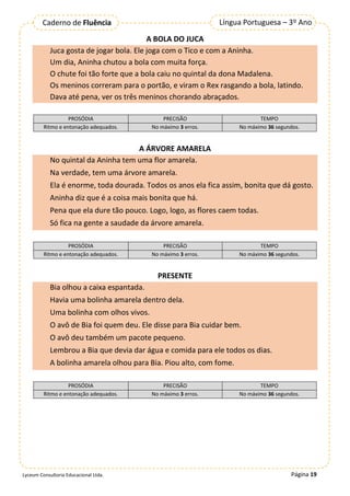 Página 19
Língua Portuguesa – 3º Ano
Caderno de Fluência
Lyceum Consultoria Educacional Ltda.
A BOLA DO JUCA
Juca gosta de jogar bola. Ele joga com o Tico e com a Aninha.
Um dia, Aninha chutou a bola com muita força.
O chute foi tão forte que a bola caiu no quintal da dona Madalena.
Os meninos correram para o portão, e viram o Rex rasgando a bola, latindo.
Dava até pena, ver os três meninos chorando abraçados.
PROSÓDIA PRECISÃO TEMPO
Ritmo e entonação adequados. No máximo 3 erros. No máximo 36 segundos.
A ÁRVORE AMARELA
No quintal da Aninha tem uma flor amarela.
Na verdade, tem uma árvore amarela.
Ela é enorme, toda dourada. Todos os anos ela fica assim, bonita que dá gosto.
Aninha diz que é a coisa mais bonita que há.
Pena que ela dure tão pouco. Logo, logo, as flores caem todas.
Só fica na gente a saudade da árvore amarela.
PROSÓDIA PRECISÃO TEMPO
Ritmo e entonação adequados. No máximo 3 erros. No máximo 36 segundos.
PRESENTE
Bia olhou a caixa espantada.
Havia uma bolinha amarela dentro dela.
Uma bolinha com olhos vivos.
O avô de Bia foi quem deu. Ele disse para Bia cuidar bem.
O avô deu também um pacote pequeno.
Lembrou a Bia que devia dar água e comida para ele todos os dias.
A bolinha amarela olhou para Bia. Piou alto, com fome.
PROSÓDIA PRECISÃO TEMPO
Ritmo e entonação adequados. No máximo 3 erros. No máximo 36 segundos.
 