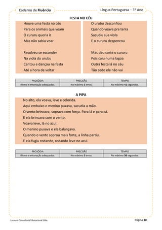 Página 30
Língua Portuguesa – 3º Ano
Caderno de Fluência
Lyceum Consultoria Educacional Ltda.
FESTA NO CÉU
Houve uma festa no céu
Para os animais que voam
O cururu queria ir
Mas não sabia voar
Resolveu se esconder
Na viola do urubu
Cantou e dançou na festa
Até a hora de voltar
O urubu desconfiou
Quando voava pra terra
Sacudiu sua viola
E o cururu despencou
Mas deu sorte o cururu
Pois caiu numa lagoa
Outra festa lá no céu
Tão cedo ele não vai
PROSÓDIA PRECISÃO TEMPO
Ritmo e entonação adequados. No máximo 3 erros. No máximo 41 segundos.
A PIPA
No alto, ela voava, leve e colorida.
Aqui embaixo o menino puxava, sacudia a mão.
O vento brincava, soprava com força. Para lá e para cá.
E ela brincava com o vento.
Voava leve, lá no azul.
O menino puxava e ela balançava.
Quando o vento soprou mais forte, a linha partiu.
E ela fugiu rodando, rodando leve no azul.
PROSÓDIA PRECISÃO TEMPO
Ritmo e entonação adequados. No máximo 3 erros. No máximo 36 segundos.
 