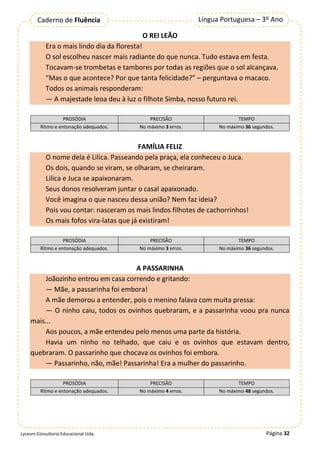 Página 32
Língua Portuguesa – 3º Ano
Caderno de Fluência
Lyceum Consultoria Educacional Ltda.
O REI LEÃO
Era o mais lindo dia da floresta!
O sol escolheu nascer mais radiante do que nunca. Tudo estava em festa.
Tocavam-se trombetas e tambores por todas as regiões que o sol alcançava.
“Mas o que acontece? Por que tanta felicidade?” – perguntava o macaco.
Todos os animais responderam:
— A majestade leoa deu à luz o filhote Simba, nosso futuro rei.
PROSÓDIA PRECISÃO TEMPO
Ritmo e entonação adequados. No máximo 3 erros. No máximo 36 segundos.
FAMÍLIA FELIZ
O nome dela é Lilica. Passeando pela praça, ela conheceu o Juca.
Os dois, quando se viram, se olharam, se cheiraram.
Lilica e Juca se apaixonaram.
Seus donos resolveram juntar o casal apaixonado.
Você imagina o que nasceu dessa união? Nem faz ideia?
Pois vou contar: nasceram os mais lindos filhotes de cachorrinhos!
Os mais fofos vira-latas que já existiram!
PROSÓDIA PRECISÃO TEMPO
Ritmo e entonação adequados. No máximo 3 erros. No máximo 36 segundos.
A PASSARINHA
Joãozinho entrou em casa correndo e gritando:
— Mãe, a passarinha foi embora!
A mãe demorou a entender, pois o menino falava com muita pressa:
— O ninho caiu, todos os ovinhos quebraram, e a passarinha voou pra nunca
mais...
Aos poucos, a mãe entendeu pelo menos uma parte da história.
Havia um ninho no telhado, que caiu e os ovinhos que estavam dentro,
quebraram. O passarinho que chocava os ovinhos foi embora.
— Passarinho, não, mãe! Passarinha! Era a mulher do passarinho.
PROSÓDIA PRECISÃO TEMPO
Ritmo e entonação adequados. No máximo 4 erros. No máximo 48 segundos.
 