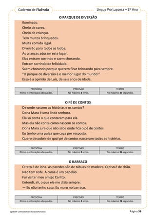 Página 36
Língua Portuguesa – 3º Ano
Caderno de Fluência
Lyceum Consultoria Educacional Ltda.
O PARQUE DE DIVERSÃO
Iluminado.
Cheio de cores.
Cheio de crianças.
Tem muitos brinquedos.
Muita comida legal.
Diversão para todos os lados.
As crianças adoram este lugar.
Elas entram sorrindo e saem chorando.
Entram sorrindo de felicidade.
Saem chorando porque querem ficar brincando para sempre.
“O parque de diversão é o melhor lugar do mundo!”
Essa é a opinião de Luís, de seis anos de idade.
PROSÓDIA PRECISÃO TEMPO
Ritmo e entonação adequados. No máximo 3 erros. No máximo 37 segundos.
O PÉ DE CONTOS
De onde nascem as histórias e os contos?
Dona Mara é uma linda senhora.
Ela só conta o que contaram para ela.
Mas ela não conta como nascem os contos.
Dona Mara jura que não sabe onde fica o pé de contos.
Eu tenho uma pulga que coça por resposta.
Quero descobrir de qual pé de contos nasceram todas as histórias.
PROSÓDIA PRECISÃO TEMPO
Ritmo e entonação adequados. No máximo 3 erros. No máximo 36 segundos.
O BARRACO
O teto é de lona. As paredes são de tábuas de madeira. O piso é de chão.
Não tem rede. A cama é um papelão.
Fui visitar meu amigo Carlito.
Entendi, ali, o que ele me dizia sempre:
— Eu não tenho casa. Eu moro no barraco.
PROSÓDIA PRECISÃO TEMPO
Ritmo e entonação adequados. No máximo 2 erros. No máximo 28 segundos.
 