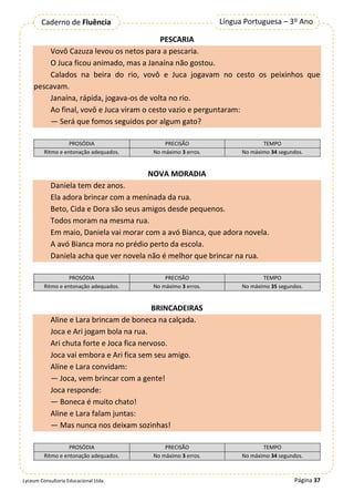 Página 37
Língua Portuguesa – 3º Ano
Caderno de Fluência
Lyceum Consultoria Educacional Ltda.
PESCARIA
Vovô Cazuza levou os netos para a pescaria.
O Juca ficou animado, mas a Janaína não gostou.
Calados na beira do rio, vovô e Juca jogavam no cesto os peixinhos que
pescavam.
Janaína, rápida, jogava-os de volta no rio.
Ao final, vovô e Juca viram o cesto vazio e perguntaram:
— Será que fomos seguidos por algum gato?
PROSÓDIA PRECISÃO TEMPO
Ritmo e entonação adequados. No máximo 3 erros. No máximo 34 segundos.
NOVA MORADIA
Daniela tem dez anos.
Ela adora brincar com a meninada da rua.
Beto, Cida e Dora são seus amigos desde pequenos.
Todos moram na mesma rua.
Em maio, Daniela vai morar com a avó Bianca, que adora novela.
A avó Bianca mora no prédio perto da escola.
Daniela acha que ver novela não é melhor que brincar na rua.
PROSÓDIA PRECISÃO TEMPO
Ritmo e entonação adequados. No máximo 3 erros. No máximo 35 segundos.
BRINCADEIRAS
Aline e Lara brincam de boneca na calçada.
Joca e Ari jogam bola na rua.
Ari chuta forte e Joca fica nervoso.
Joca vai embora e Ari fica sem seu amigo.
Aline e Lara convidam:
— Joca, vem brincar com a gente!
Joca responde:
— Boneca é muito chato!
Aline e Lara falam juntas:
— Mas nunca nos deixam sozinhas!
PROSÓDIA PRECISÃO TEMPO
Ritmo e entonação adequados. No máximo 3 erros. No máximo 34 segundos.
 