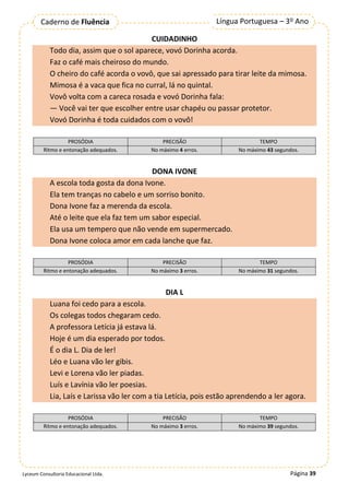 Página 39
Língua Portuguesa – 3º Ano
Caderno de Fluência
Lyceum Consultoria Educacional Ltda.
CUIDADINHO
Todo dia, assim que o sol aparece, vovó Dorinha acorda.
Faz o café mais cheiroso do mundo.
O cheiro do café acorda o vovô, que sai apressado para tirar leite da mimosa.
Mimosa é a vaca que fica no curral, lá no quintal.
Vovô volta com a careca rosada e vovó Dorinha fala:
— Você vai ter que escolher entre usar chapéu ou passar protetor.
Vovó Dorinha é toda cuidados com o vovô!
PROSÓDIA PRECISÃO TEMPO
Ritmo e entonação adequados. No máximo 4 erros. No máximo 43 segundos.
DONA IVONE
A escola toda gosta da dona Ivone.
Ela tem tranças no cabelo e um sorriso bonito.
Dona Ivone faz a merenda da escola.
Até o leite que ela faz tem um sabor especial.
Ela usa um tempero que não vende em supermercado.
Dona Ivone coloca amor em cada lanche que faz.
PROSÓDIA PRECISÃO TEMPO
Ritmo e entonação adequados. No máximo 3 erros. No máximo 31 segundos.
DIA L
Luana foi cedo para a escola.
Os colegas todos chegaram cedo.
A professora Letícia já estava lá.
Hoje é um dia esperado por todos.
É o dia L. Dia de ler!
Léo e Luana vão ler gibis.
Levi e Lorena vão ler piadas.
Luís e Lavínia vão ler poesias.
Lia, Laís e Larissa vão ler com a tia Letícia, pois estão aprendendo a ler agora.
PROSÓDIA PRECISÃO TEMPO
Ritmo e entonação adequados. No máximo 3 erros. No máximo 39 segundos.
 