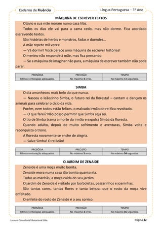 Página 42
Língua Portuguesa – 3º Ano
Caderno de Fluência
Lyceum Consultoria Educacional Ltda.
MÁQUINA DE ESCREVER TEXTOS
Otávio e sua mãe moram numa casa lilás.
Todos os dias ele vai para a cama cedo, mas não dorme. Fica acordado
escrevendo textos.
São histórias de heróis e monstros, fadas e duendes...
A mãe repete mil vezes:
— Vá dormir! Você parece uma máquina de escrever histórias!
O menino não responde à mãe, mas fica pensando:
— Se a máquina de imaginar não para, a máquina de escrever também não pode
parar.
PROSÓDIA PRECISÃO TEMPO
Ritmo e entonação adequados. No máximo 4 erros. No máximo 43 segundos.
SIMBA
O dia amanheceu mais belo do que nunca.
— Nasceu o leãozinho Simba, o futuro rei da floresta! – cantam e dançam os
animais para celebrar o ciclo da vida.
Porém, nem todos estão felizes, o malvado irmão do rei fica revoltado.
— O que farei? Não posso permitir que Simba seja rei.
O tio de Simba trama a morte do irmão e expulsa Simba da floresta.
Quando adulto, depois de muito sofrimento e aventuras, Simba volta e
reconquista o trono.
A floresta novamente se enche de alegria.
— Salve Simba! O rei leão!
PROSÓDIA PRECISÃO TEMPO
Ritmo e entonação adequados. No máximo 5 erros. No máximo 54 segundos.
O JARDIM DE ZENAIDE
Zenaide é uma moça muito bonita.
Zenaide mora numa casa tão bonita quanto ela.
Todas as manhãs, a moça cuida do seu jardim.
O jardim de Zenaide é visitado por borboletas, passarinhos e joaninhas.
São tantas cores, tantas flores e tanta beleza, que o rosto da moça vive
enfeitado.
O enfeite do rosto de Zenaide é o seu sorriso.
PROSÓDIA PRECISÃO TEMPO
Ritmo e entonação adequados. No máximo 3 erros. No máximo 35 segundos.
 