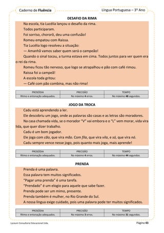 Página 43
Língua Portuguesa – 3º Ano
Caderno de Fluência
Lyceum Consultoria Educacional Ltda.
DESAFIO DA RIMA
Na escola, tia Lucélia lançou o desafio da rima.
Todos participaram.
Foi sorriso, chororô, deu uma confusão!
Romeu empatou com Raissa.
Tia Lucélia logo resolveu a situação:
— Amanhã vamos saber quem será o campeão!
Quando o sinal tocou, a turma estava em cima. Todos juntos para ver quem era
o rei da rima.
Romeu ficou tão nervoso, que logo se atrapalhou e pão com café rimou.
Raissa foi a campeã!
A escola toda gritou:
— Café com pão combina, mas não rima!
PROSÓDIA PRECISÃO TEMPO
Ritmo e entonação adequados. No máximo 4 erros. No máximo 48 segundos.
JOGO DA TROCA
Cadu está aprendendo a ler.
Ele descobriu um jogo, onde as palavras são casas e as letras são moradores.
Na casa chamada vida, se o morador “V” vai embora e o “L” vem morar, vida vira
lida, que quer dizer trabalho.
Cadu é um bom jogador.
Ele joga com cão, que vira mão. Com fila, que vira vila, e só, que vira nó.
Cadu sempre vence nesse jogo, pois quanto mais joga, mais aprende!
PROSÓDIA PRECISÃO TEMPO
Ritmo e entonação adequados. No máximo 4 erros. No máximo 44 segundos.
PRENDA
Prenda é uma palavra.
Essa palavra tem muitos significados.
“Pagar uma prenda” é uma tarefa.
“Prendado” é um elogio para aquele que sabe fazer.
Prenda pode ser um mimo, presente.
Prenda também é mulher, no Rio Grande do Sul.
A nossa língua exige cuidado, pois uma palavra pode ter muitos significados.
PROSÓDIA PRECISÃO TEMPO
Ritmo e entonação adequados. No máximo 3 erros. No máximo 31 segundos.
 