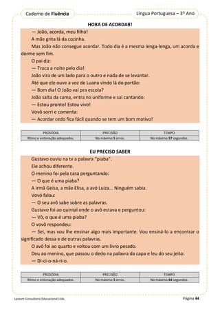 Página 44
Língua Portuguesa – 3º Ano
Caderno de Fluência
Lyceum Consultoria Educacional Ltda.
HORA DE ACORDAR!
— João, acorda, meu filho!
A mãe grita lá da cozinha.
Mas João não consegue acordar. Todo dia é a mesma lenga-lenga, um acorda e
dorme sem fim.
O pai diz:
— Troca a noite pelo dia!
João vira de um lado para o outro e nada de se levantar.
Até que ele ouve a voz de Luana vindo lá do portão:
— Bom dia! O João vai pra escola?
João salta da cama, entra no uniforme e sai cantando:
— Estou pronto! Estou vivo!
Vovô sorri e comenta:
— Acordar cedo fica fácil quando se tem um bom motivo!
PROSÓDIA PRECISÃO TEMPO
Ritmo e entonação adequados. No máximo 5 erros. No máximo 57 segundos.
EU PRECISO SABER
Gustavo ouviu na tv a palavra “piaba”.
Ele achou diferente.
O menino foi pela casa perguntando:
— O que é uma piaba?
A irmã Geísa, a mãe Elisa, a avó Luiza... Ninguém sabia.
Vovó falou:
— O seu avô sabe sobre as palavras.
Gustavo foi ao quintal onde o avô estava e perguntou:
— Vô, o que é uma piaba?
O vovô respondeu:
— Sei, mas vou lhe ensinar algo mais importante. Vou ensiná-lo a encontrar o
significado dessa e de outras palavras.
O avô foi ao quarto e voltou com um livro pesado.
Deu ao menino, que passou o dedo na palavra da capa e leu do seu jeito:
— Di-ci-o-ná-ri-o.
PROSÓDIA PRECISÃO TEMPO
Ritmo e entonação adequados. No máximo 5 erros. No máximo 64 segundos.
 