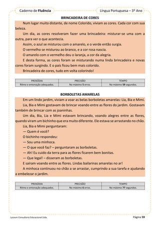 Página 59
Lyceum Consultoria Educacional Ltda.
Língua Portuguesa – 3º Ano
Caderno de Fluência
BRINCADEIRA DE CORES
Num lugar muito distante, de nome Colorido, viviam as cores. Cada cor com sua
beleza.
Um dia, as cores resolveram fazer uma brincadeira: misturar-se uma com a
outra, para ver o que acontecia.
Assim, o azul se misturou com o amarelo, e o verde então surgia.
O vermelho se misturou ao branco, e a cor rosa nascia.
O amarelo com o vermelho deu o laranja, a cor da alegria.
E desta forma, as cores foram se misturando numa linda brincadeira e novas
cores foram surgindo. E o país ficou bem mais colorido.
Brincadeira de cores, tudo em volta colorindo!
PROSÓDIA PRECISÃO TEMPO
Ritmo e entonação adequados. No máximo 5 erros. No máximo 59 segundos.
BORBOLETAS AMARELAS
Em um lindo jardim, viviam a voar as belas borboletas amarelas: Lia, Bia e Mimi.
Lia, Bia e Mimi gostavam de brincar voando entre as flores do jardim. Gostavam
também de brincar com as joaninhas.
Um dia, Bia, Lia e Mimi estavam brincando, voando alegres entre as flores,
quando viram um bichinho que era muito diferente. Ele estava se arrastando no chão.
Lia, Bia e Mimi perguntaram:
— Quem é você?
O bichinho respondeu:
— Sou uma minhoca.
— O que você faz? – perguntaram as borboletas.
— Ah! Eu cuido da terra para as flores ficarem bem bonitas.
— Que legal! – disseram as borboletas.
E saíram voando entre as flores. Lindas bailarinas amarelas no ar!
A minhoca continuou no chão a se arrastar, cumprindo a sua tarefa e ajudando
a embelezar o jardim.
PROSÓDIA PRECISÃO TEMPO
Ritmo e entonação adequados. No máximo 6 erros. No máximo 77 segundos.
 