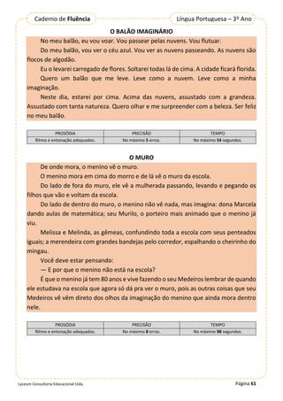Página 61
Lyceum Consultoria Educacional Ltda.
Língua Portuguesa – 3º Ano
Caderno de Fluência
O BALÃO IMAGINÁRIO
No meu balão, eu vou voar. Vou passear pelas nuvens. Vou flutuar.
Do meu balão, vou ver o céu azul. Vou ver as nuvens passeando. As nuvens são
flocos de algodão.
Eu o levarei carregado de flores. Soltarei todas lá de cima. A cidade ficará florida.
Quero um balão que me leve. Leve como a nuvem. Leve como a minha
imaginação.
Neste dia, estarei por cima. Acima das nuvens, assustado com a grandeza.
Assustado com tanta natureza. Quero olhar e me surpreender com a beleza. Ser feliz
no meu balão.
PROSÓDIA PRECISÃO TEMPO
Ritmo e entonação adequados. No máximo 5 erros. No máximo 54 segundos.
O MURO
De onde mora, o menino vê o muro.
O menino mora em cima do morro e de lá vê o muro da escola.
Do lado de fora do muro, ele vê a mulherada passando, levando e pegando os
filhos que vão e voltam da escola.
Do lado de dentro do muro, o menino não vê nada, mas imagina: dona Marcela
dando aulas de matemática; seu Murilo, o porteiro mais animado que o menino já
viu.
Melissa e Melinda, as gêmeas, confundindo toda a escola com seus penteados
iguais; a merendeira com grandes bandejas pelo corredor, espalhando o cheirinho do
mingau.
Você deve estar pensando:
— E por que o menino não está na escola?
É que o menino já tem 80 anos e vive fazendo o seu Medeiros lembrar de quando
ele estudava na escola que agora só dá pra ver o muro, pois as outras coisas que seu
Medeiros vê vêm direto dos olhos da imaginação do menino que ainda mora dentro
nele.
PROSÓDIA PRECISÃO TEMPO
Ritmo e entonação adequados. No máximo 8 erros. No máximo 98 segundos.
 