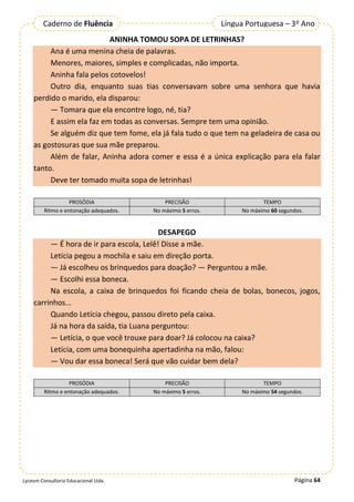 Página 64
Lyceum Consultoria Educacional Ltda.
Língua Portuguesa – 3º Ano
Caderno de Fluência
ANINHA TOMOU SOPA DE LETRINHAS?
Ana é uma menina cheia de palavras.
Menores, maiores, simples e complicadas, não importa.
Aninha fala pelos cotovelos!
Outro dia, enquanto suas tias conversavam sobre uma senhora que havia
perdido o marido, ela disparou:
— Tomara que ela encontre logo, né, tia?
E assim ela faz em todas as conversas. Sempre tem uma opinião.
Se alguém diz que tem fome, ela já fala tudo o que tem na geladeira de casa ou
as gostosuras que sua mãe preparou.
Além de falar, Aninha adora comer e essa é a única explicação para ela falar
tanto.
Deve ter tomado muita sopa de letrinhas!
PROSÓDIA PRECISÃO TEMPO
Ritmo e entonação adequados. No máximo 5 erros. No máximo 60 segundos.
DESAPEGO
— É hora de ir para escola, Lelê! Disse a mãe.
Letícia pegou a mochila e saiu em direção porta.
— Já escolheu os brinquedos para doação? — Perguntou a mãe.
— Escolhi essa boneca.
Na escola, a caixa de brinquedos foi ficando cheia de bolas, bonecos, jogos,
carrinhos...
Quando Letícia chegou, passou direto pela caixa.
Já na hora da saída, tia Luana perguntou:
— Letícia, o que você trouxe para doar? Já colocou na caixa?
Letícia, com uma bonequinha apertadinha na mão, falou:
— Vou dar essa boneca! Será que vão cuidar bem dela?
PROSÓDIA PRECISÃO TEMPO
Ritmo e entonação adequados. No máximo 5 erros. No máximo 54 segundos.
 