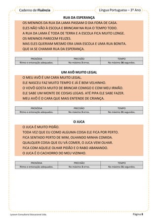 Página 8
Língua Portuguesa – 3º Ano
Caderno de Fluência
Lyceum Consultoria Educacional Ltda.
RUA DA ESPERANÇA
OS MENINOS DA RUA DA LAMA PASSAM O DIA FORA DE CASA.
ELES NÃO VÃO À ESCOLA E BRINCAM NA RUA O TEMPO TODO.
A RUA DA LAMA É TODA DE TERRA E A ESCOLA FICA MUITO LONGE.
OS MENINOS PARECEM FELIZES.
MAS ELES QUERIAM MESMO ERA UMA ESCOLA E UMA RUA BONITA.
QUE IA SE CHAMAR RUA DA ESPERANÇA.
PROSÓDIA PRECISÃO TEMPO
Ritmo e entonação adequados. No máximo 3 erros. No máximo 36 segundos.
UM AVÔ MUITO LEGAL
O MEU AVÔ É UM CARA MUITO LEGAL.
ELE NASCEU FAZ MUITO TEMPO E JÁ É BEM VELHINHO.
O VOVÔ GOSTA MUITO DE BRINCAR COMIGO E COM MEU IRMÃO.
ELE SABE UM MONTE DE COISAS LEGAIS. ATÉ PIPA ELE SABE FAZER.
MEU AVÔ É O CARA QUE MAIS ENTENDE DE CRIANÇA.
PROSÓDIA PRECISÃO TEMPO
Ritmo e entonação adequados. No máximo 3 erros. No máximo 31 segundos.
O JUCA
O JUCA É MUITO PIDÃO.
TODA VEZ QUE EU COMO ALGUMA COISA ELE FICA POR PERTO.
FICA SENTADO PERTO DE MIM, OLHANDO MINHA COMIDA.
QUALQUER COISA QUE EU VÁ COMER, O JUCA VEM OLHAR.
FICA COM AQUELE OLHAR PIDÃO E O RABO ABANANDO.
O JUCA É O CACHORRO DO MEU VIZINHO.
PROSÓDIA PRECISÃO TEMPO
Ritmo e entonação adequados. No máximo 3 erros. No máximo 31 segundos.
 