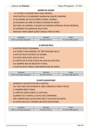 Página 9
Língua Portuguesa – 3º Ano
Caderno de Fluência
Lyceum Consultoria Educacional Ltda.
BANHO DE AÇUDE
− O ÚLTIMO A CHEGAR PAGA UMA PRENDA!
VAVÁ GRITOU E OS MENINOS SAIRAM NA MAIOR CARREIRA.
O CACHORRO DE GUTO CORREU ATRÁS, LATINDO.
AS GALINHAS DA MÃE DE DORA FUGIRAM DE MEDO.
NO FINAL DA LADEIRA, O AÇUDE DA FAZENDA ESPERAVA PELOS MENINOS.
OS MENINOS PULARAM NA ÁGUA FRIA.
NEM DEU PARA SABER QUEM CHEGOU POR ÚLTIMO.
PROSÓDIA PRECISÃO TEMPO
Ritmo e entonação adequados. No máximo 3 erros. No máximo 35 segundos.
A AVÓ DO ZECA
A AVÓ DO ZECA É VELHINHA.
ELA PARECE UMA MENINA, DE TÃO PEQUENA QUE É.
A AVÓ DO ZECA FAZ DOCE DE GOIABA.
É O DOCE MAIS DOCE QUE EU JÁ VI.
EU GOSTO DE IR COM O ZECA NA CASA DA AVÓ DELE.
ELA SEMPRE NOS DÁ BISCOITO E DOCE.
A AVÓ DO ZECA PARECE UMA MINIATURA DE GENTE.
PROSÓDIA PRECISÃO TEMPO
Ritmo e entonação adequados. No máximo 3 erros. No máximo 36 segundos.
O GATO ASSUSTADO
APARECEU UM GATO NO MEU QUINTAL.
ELE TEM UMA COR DIFERENTE, NÃO É BRANCO E NEM É PRETO.
E TAMBÉM NÃO É CINZA.
EU NÃO SEI DIZER COMO É A COR DELE.
QUANDO VIU A GENTE, O GATO SAIU CORRENDO.
MEU IRMÃO MAIS VELHO DISSE QUE É UM GATO DO MATO.
EU ACHO QUE ELE É APENAS UM GATO ASSUSTADO.
PROSÓDIA PRECISÃO TEMPO
Ritmo e entonação adequados. No máximo 3 erros. No máximo 60 segundos.
 