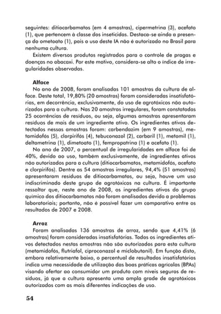 seguintes: ditiocarbamatos (em 4 amostras), cipermetrina (3), acefato
(1), que pertencem à classe dos inseticidas. Destaca-se ainda a presen-
ça do ometoato (1), pois o uso deste IA não é autorizado no Brasil para
nenhuma cultura.
    Existem diversos produtos registrados para o controle de pragas e
doenças no abacaxi. Por este motivo, considera-se alto o índice de irre-
gularidades observadas.

    Alface
    No ano de 2008, foram analisadas 101 amostras da cultura de al-
face. Deste total, 19,80% (20 amostras) foram consideradas insatisfató-
rias, em decorrência, exclusivamente, do uso de agrotóxicos não auto-
rizados para a cultura. Nas 20 amostras irregulares, foram constatadas
25 ocorrências de resíduos, ou seja, algumas amostras apresentaram
resíduos de mais de um ingrediente ativo. Os ingredientes ativos de-
tectados nessas amostras foram: carbendazim (em 9 amostras), me-
tamidofós (5), clorpirifós (4), tebuconazol (2), carbaril (1), metomil (1),
deltametrina (1), dimetoato (1), fempropatrina (1) e acefato (1).
    No ano de 2007, o percentual de irregularidades em alface foi de
40%, devido ao uso, também exclusivamente, de ingredientes ativos
não autorizados para a cultura (ditiocarbamatos, metamidofós, acefato
e clorpirifós). Dentre as 54 amostras irregulares, 94,4% (51 amostras)
apresentaram resíduos de ditiocarbamatos, ou seja, houve um uso
indiscriminado deste grupo de agrotóxicos na cultura. É importante
ressaltar que, neste ano de 2008, os ingredientes ativos do grupo
químico dos ditiocarbamatos não foram analisados devido a problemas
laboratoriais; portanto, não é possível fazer um comparativo entre os
resultados de 2007 e 2008.

   Arroz
   Foram analisadas 136 amostras de arroz, sendo que 4,41% (6
amostras) foram consideradas insatisfatórias. Todos os ingredientes ati-
vos detectados nestas amostras não são autorizados para esta cultura
(metamidofós, flutriafol, ciproconazol e miclobutanil). Em função disto,
embora relativamente baixo, o percentual de resultados insatisfatórios
indica uma necessidade de utilização das boas práticas agrícolas (BPAs)
visando ofertar ao consumidor um produto com níveis seguros de re-
síduos, já que a cultura apresenta uma ampla grade de agrotóxicos
autorizados com as mais diferentes indicações de uso.

54
 