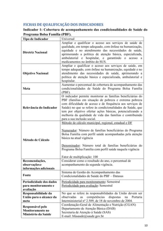 10
FICHAS DE QUALIFICAÇÃO DOS INDICADORES
Indicador 1: Cobertura de acompanhamento das condicionalidades de Saúde do
Programa Bolsa Família (PBF).
Tipo de Indicador Universal
Diretriz Nacional
Ampliar e qualificar o acesso aos serviços de saúde de
qualidade, em tempo adequado, com ênfase na humanização,
equidade e no atendimento das necessidades de saúde,
aprimorando a política de atenção básica, especializada,
ambulatorial e hospitalar, e garantindo o acesso a
medicamentos no âmbito do SUS.
Objetivo Nacional
Ampliar e qualificar o acesso aos serviços de saúde, em
tempo adequado, com ênfase na humanização, equidade e no
atendimento das necessidades de saúde, aprimorando a
política de atenção básica e especializada, ambulatorial e
hospitalar.
Meta
Aumentar o percentual de cobertura de acompanhamento das
condicionalidades de Saúde do Programa Bolsa Família
(PBF).
Relevância do Indicador
O indicador permite monitorar as famílias beneficiárias do
PBF (famílias em situação de pobreza e extrema pobreza
com dificuldade de acesso e de frequência aos serviços de
Saúde) no que se refere às condicionalidades de Saúde, que
tem por objetivo ofertar ações básicas, potencializando a
melhoria da qualidade de vida das famílias e contribuindo
para a sua inclusão social.
Método de Cálculo
Método de cálculo municipal, regional, estadual e DF
Numerador: Número de famílias beneficiárias do Programa
Bolsa Família com perfil saúde acompanhadas pela atenção
básica na atual vigência
Denominador: Número total de famílias beneficiárias do
Programa Bolsa Família com perfil saúde naquela vigência
Fator de multiplicação: 100
Recomendações,
observaçõese
informações adicionais
Considerar como o resultado do ano, o percentual de
acompanhamento da segunda vigência.
Fonte
Sistema de Gestão do Acompanhamento das
Condicionalidades de Saúde do PBF – Datasus
Periodicidade dos dados
para monitoramento e
avaliação
Periodicidade para monitoramento: Semestral
Periodicidade para avaliação: Semestral
Responsabilidade da
União para o alcance da
meta
No que se refere às responsabilidades da União devem ser
observadas as competências dispostas na Portaria
Interministerial nº 2.509, de 18 de novembro de 2004.
Responsável pelo
Monitoramento no
Ministério da Saúde
Coordenação-Geral de Alimentação e Nutrição (CGAN)
Departamento de Atenção Básica (DAB)
Secretaria de Atenção à Saúde (SAS)
E-mail: bfasaude@saude.gov.br
 