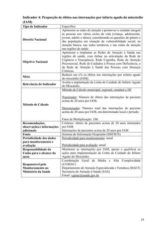 14
Indicador 4: Proporção de óbitos nas internações por infarto agudo do miocárdio
(IAM)
Tipo de Indicador Específico
Diretriz Nacional
Aprimorar as redes de atenção e promover o cuidado integral
às pessoas nos vários ciclos de vida (criança, adolescente,
jovem, adulto e idoso), considerando as questões de gênero e
das populações em situação de vulnerabilidade social, na
atenção básica, nas redes temáticas e nas redes de atenção
nas regiões de saúde.
Objetivo Nacional
Aprimorar e implantar as Redes de Atenção à Saúde nas
regiões de saúde, com ênfase na articulação da Rede de
Urgência e Emergência, Rede Cegonha, Rede de Atenção
Psicossocial, Rede de Cuidados à Pessoa com Deficiência, e
da Rede de Atenção à Saúde das Pessoas com Doenças
Crônicas.
Meta
Reduzir em x% os óbitos nas internações por infarto agudo
do miocárdio (IAM).
Relevância do Indicador
Avalia a implantação da Linha de Cuidado do Infarto Agudo
do Miocárdio.
Método de Cálculo
Método de Cálculo municipal, regional, estadual e DF
Numerador: Número de óbitos das internações de paciente
acima de 20 anos por IAM;
Denominador: Número total das internações de paciente
acima de 20 anos por IAM, em determinado local e período;
Fator de Multiplicação: 100.
Recomendações,
observaçõese informações
adicionais
Critérios: óbitos de pacientes acima de 20 anos internados
por IAM
Internações de pacientes acima de 20 anos por IAM
Fonte Sistema de Informação Hospitalar (SIH/SUS)
Periodicidade dos dados
para monitoramento e
avaliação
Periodicidade para monitoramento: anual
Periodicidade para avaliação: anual
Responsabilidade da
União para o alcance da
meta
Monitorar as internações por IAM, apoiar e qualificar as
ações para implementação da Linha de Cuidado do Infarto
Agudo do Miocárdio.
Responsável pelo
Monitoramento no
Ministério da Saúde
Coordenação Geral de Média e Alta Complexidade
(CGMAC)
Departamento de Atenção Especializada e Temática (DAET)
Secretaria de Atenção à Saúde (SAS)
Email: cgmac@saude.gov.br
 
