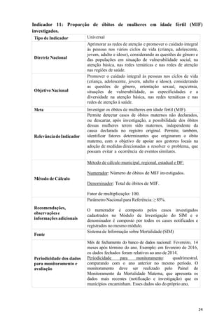 24
Indicador 11: Proporção de óbitos de mulheres em idade fértil (MIF)
investigados.
Tipo de Indicador Universal
Diretriz Nacional
Aprimorar as redes de atenção e promover o cuidado integral
às pessoas nos vários ciclos de vida (criança, adolescente,
jovem, adulto e idoso), considerando as questões de gênero e
das populações em situação de vulnerabilidade social, na
atenção básica, nas redes temáticas e nas redes de atenção
nas regiões de saúde.
ObjetivoNacional
Promover o cuidado integral às pessoas nos ciclos de vida
(criança, adolescente, jovem, adulto e idoso), considerando
as questões de gênero, orientação sexual, raça/etnia,
situações de vulnerabilidade, as especificidades e a
diversidade na atenção básica, nas redes temáticas e nas
redes de atenção à saúde.
Meta Investigar os óbitos de mulheres em idade fértil (MIF).
RelevânciadoIndicador
Permite detectar casos de óbitos maternos não declarados,
ou descartar, após investigação, a possibilidade dos óbitos
dessas mulheres terem sido maternos, independente da
causa declarada no registro original. Permite, também,
identificar fatores determinantes que originaram o óbito
materno, com o objetivo de apoiar aos gestores locais na
adoção de medidas direcionadas a resolver o problema, que
possam evitar a ocorrência de eventossimilares.
Método de Cálculo
Método de cálculo municipal, regional, estadual e DF:
Numerador: Número de óbitos de MIF investigados.
Denominador: Total de óbitos de MIF.
Fator de multiplicação: 100.
Recomendações,
observaçõese
informações adicionais
Parâmetro Nacional para Referência: ≥ 85%.
O numerador é composto pelos casos investigados
cadastrados no Módulo de Investigação do SIM e o
denominador é composto por todos os casos notificados e
registrados no mesmo módulo.
Fonte
Sistema de Informação sobre Mortalidade (SIM)
Periodicidade dos dados
para monitoramento e
avaliação
Mês de fechamento do banco de dados nacional: Fevereiro, 14
meses após término do ano. Exemplo: em fevereiro de 2016,
os dados fechados foram relativos ao ano de 2014.
Periodicidade para monitoramento: quadrimestral,
comparando com o ano anterior no mesmo período. O
monitoramento deve ser realizado pelo Painel de
Monitoramento da Mortalidade Materna, que apresenta os
dados mais recentes (notificação e investigação) que os
municípios encaminham. Esses dados são do próprio ano,
 
