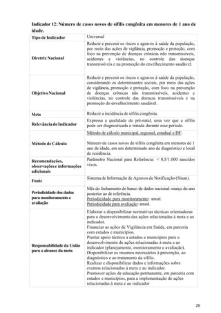 26
Indicador 12: Número de casos novos de sífilis congênita em menores de 1 ano de
idade.
Tipo de Indicador Universal
Diretriz Nacional
Reduzir e prevenir os riscos e agravos à saúde da população,
por meio das ações de vigilância, promoção e proteção, com
foco na prevenção de doenças crônicas não transmissíveis,
acidentes e violências, no controle das doenças
transmissíveis e na promoção do envelhecimento saudável.
ObjetivoNacional
Reduzir e prevenir os riscos e agravos à saúde da população,
considerando os determinantes sociais, por meio das ações
de vigilância, promoção e proteção, com foco na prevenção
de doenças crônicas não transmissíveis, acidentes e
violências, no controle das doenças transmissíveis e na
promoção do envelhecimento saudável.
Meta Reduzir a incidência de sífilis congênita.
RelevânciadoIndicador
Expressa a qualidade do pré-natal, uma vez que a sífilis
pode ser diagnosticada e tratada durante esse período.
Método de Cálculo
Método de cálculo municipal, regional, estadual e DF:
Número de casos novos de sífilis congênita em menores de 1
ano de idade, em um determinado ano de diagnóstico e local
de residência.
Recomendações,
observaçõese informações
adicionais
Parâmetro Nacional para Referência: < 0,5/1.000 nascidos
vivos.
Fonte
Sistema de Informação de Agravos de Notificação (Sinan).
Periodicidade dos dados
para monitoramento e
avaliação
Mês do fechamento do banco de dados nacional: março do ano
posterior ao de referência.
Periodicidade para monitoramento: anual.
Periodicidade para avaliação: anual.
Responsabilidade da União
para o alcance da meta
Elaborar e disponibilizar normativas técnicas orientadoras
para o desenvolvimento das ações relacionadas à meta e ao
indicador.
Financiar as ações de Vigilância em Saúde, em parceria
com estados e municípios.
Prestar apoio técnico a estados e municípios para o
desenvolvimento de ações relacionadas à meta e ao
indicador (planejamento, monitoramento e avaliação).
Disponibilizar os insumos necessários à prevenção, ao
diagnóstico e ao tratamento da sífilis.
Realizar e disponibilizar dados e informações sobre
eventos relacionados à meta e ao indicador.
Promover ações de educação permanente, em parceria com
estados e municípios, para a implementação de ações
relacionadas à meta e ao indicador
 