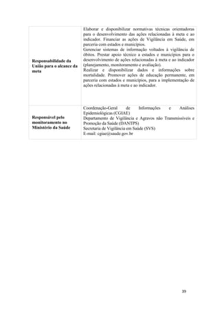 39
39
Responsabilidade da
União para o alcance da
meta
Elaborar e disponibilizar normativas técnicas orientadoras
para o desenvolvimento das ações relacionadas à meta e ao
indicador. Financiar as ações de Vigilância em Saúde, em
parceria com estados e municípios.
Gerenciar sistemas de informação voltados à vigilância de
óbitos. Prestar apoio técnico a estados e municípios para o
desenvolvimento de ações relacionadas à meta e ao indicador
(planejamento, monitoramento e avaliação).
Realizar e disponibilizar dados e informações sobre
mortalidade. Promover ações de educação permanente, em
parceria com estados e municípios, para a implementação de
ações relacionadas à meta e ao indicador.
Responsável pelo
monitoramento no
Ministério da Saúde
Coordenação-Geral de Informações e Análises
Epidemiológicas (CGIAE)
Departamento de Vigilância e Agravos não Transmissíveis e
Promoção da Saúde (DANTPS)
Secretaria de Vigilância em Saúde (SVS)
E-mail: cgiae@saude.gov.br
 