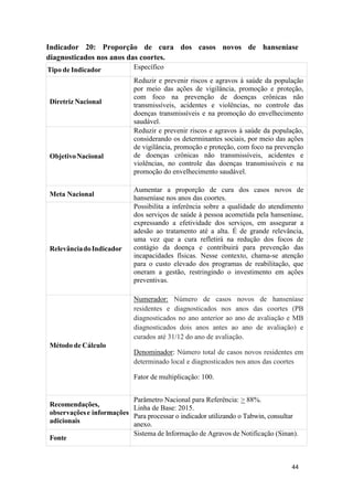44
44
Indicador 20: Proporção de cura dos casos novos de hanseníase
diagnosticados nos anos das coortes.
Tipo de Indicador Específico
Diretriz Nacional
Reduzir e prevenir riscos e agravos à saúde da população
por meio das ações de vigilância, promoção e proteção,
com foco na prevenção de doenças crônicas não
transmissíveis, acidentes e violências, no controle das
doenças transmissíveis e na promoção do envelhecimento
saudável.
ObjetivoNacional
Reduzir e prevenir riscos e agravos à saúde da população,
considerando os determinantes sociais, por meio das ações
de vigilância, promoção e proteção, com foco na prevenção
de doenças crônicas não transmissíveis, acidentes e
violências, no controle das doenças transmissíveis e na
promoção do envelhecimento saudável.
Meta Nacional
Aumentar a proporção de cura dos casos novos de
hanseníase nos anos das coortes.
RelevânciadoIndicador
Possibilita a inferência sobre a qualidade do atendimento
dos serviços de saúde à pessoa acometida pela hanseníase,
expressando a efetividade dos serviços, em assegurar a
adesão ao tratamento até a alta. É de grande relevância,
uma vez que a cura refletirá na redução dos focos de
contágio da doença e contribuirá para prevenção das
incapacidades físicas. Nesse contexto, chama-se atenção
para o custo elevado dos programas de reabilitação, que
oneram a gestão, restringindo o investimento em ações
preventivas.
Método de Cálculo
Numerador: Número de casos novos de hanseníase
residentes e diagnosticados nos anos das coortes (PB
diagnosticados no ano anterior ao ano de avaliação e MB
diagnosticados dois anos antes ao ano de avaliação) e
curados até 31/12 do ano de avaliação.
Denominador: Número total de casos novos residentes em
determinado local e diagnosticados nos anos das coortes
Fator de multiplicação: 100.
Recomendações,
observaçõese informações
adicionais
Parâmetro Nacional para Referência: > 88%.
Linha de Base: 2015.
Para processar o indicador utilizando o Tabwin, consultar
anexo.
Fonte
Sistema de Informação de Agravos de Notificação (Sinan).
 