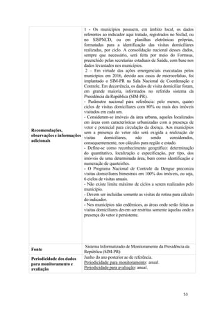 53
53
Recomendações,
observaçõese informações
adicionais
1 - Os municípios possuem, em âmbito local, os dados
referentes ao indicador aqui tratado, registrados no Sisfad, ou
no SISPNCD, ou em planilhas eletrônicas próprias,
formatadas para a identificação das visitas domiciliares
realizadas, por ciclo. A consolidação nacional desses dados,
sempre que necessário, será feita por meio do Formsus,
preenchido pelas secretarias estaduais de Saúde, com base nos
dados levantados nos municípios.
2 – Em virtude das ações emergenciais executadas pelos
municípios em 2016, devido aos casos de microcefalias, foi
implantado o SIM-PR na Sala Nacional de Coordenação e
Controle. Em decorrência, os dados de visita domiciliar foram,
em grande maioria, informados no referido sistema da
Presidência da República (SIM-PR).
- Parâmetro nacional para referência: pelo menos, quatro
ciclos de visitas domiciliares com 80% ou mais dos imóveis
visitados em cada um.
- Consideram-se imóveis da área urbana, aqueles localizados
em áreas com características urbanizadas com a presença de
vetor e potencial para circulação da doença. Aos municípios
sem a presença do vetor não será exigida a realização de
visitas domiciliares, não sendo considerados,
consequentemente, nos cálculos para região e estado.
- Define-se como reconhecimento geográfico: determinação
do quantitativo, localização e especificação, por tipo, dos
imóveis de uma determinada área, bem como identificação e
numeração de quarteirões.
- O Programa Nacional de Controle da Dengue preconiza
visitas domiciliares bimestrais em 100% dos imóveis, ou seja,
6 ciclos de visitas anuais.
- Não existe limite máximo de ciclos a serem realizados pelo
município.
- Devem ser incluídas somente as visitas de rotina para cálculo
do indicador.
- Nos municípios não endêmicos, as áreas onde serão feitas as
visitas domiciliares devem ser restritas somente àquelas onde a
presença do vetor é persistente.
Fonte
Sistema Informatizado de Monitoramento da Presidência da
República (SIM-PR)
Periodicidade dos dados
para monitoramento e
avaliação
Junho do ano posterior ao de referência.
Periodicidade para monitoramento: anual.
Periodicidade para avaliação: anual.
 
