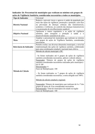58
58
Indicador 26: Percentual de municípios que realizam no mínimo seis grupos de
ações de Vigilância Sanitária, consideradas necessárias a todos os municípios.
Tipo de Indicador Universal
Diretriz Nacional
Reduzir e prevenir riscos e agravos à saúde da população por
meio das ações de vigilância, promoção e proteção, com foco
na prevenção de doenças crônicas não transmissíveis,
acidentes e violências, no controle das doenças transmissíveis
e na promoção do envelhecimento saudável.
Objetivo Nacional
Aprimorar o marco regulatório e as ações de vigilância
sanitária, para assegurar a proteção à saúde e o
desenvolvimento sustentável do setor.
Meta
Ampliar o percentual de municípios que realizam no mínimo
seis grupos de ações de Vigilância Sanitária, consideradas
necessárias.
Relevância do Indicador
Permite avaliar, nas diversas dimensões municipais, o nível de
implementação das ações de vigilância sanitária, colaborando
para uma coordenação estadual e nacional mais efetiva.
Método de Cálculo
Método de cálculo municipal e DF:
- Se foram realizados até 6 grupos de ações de vigilância
sanitária consideradas necessárias, aplicar o cálculo abaixo:
Numerador: Número de grupos de ações de vigilância
sanitária consideradas necessárias realizadas pelo município) /
(6) X 100
Denominador: 6
Fator de Multiplicação: 100
- Se foram realizados os 7 grupos de ações de vigilância
sanitária consideradas necessárias, a meta atingida será 100%.
Método de cálculo estadual e regional:
Numerador: Número de municípios que realizam de 6 a 7 dos
grupos de ações de Visa consideradas necessárias
Denominador: Total de municípios do estado ou região
Fator de Multiplicação: 100
 