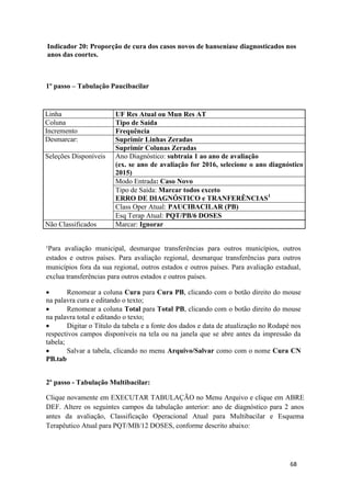 68
68
Indicador 20: Proporção de cura dos casos novos de hanseníase diagnosticados nos
anos das coortes.
1º passo – Tabulação Paucibacilar
Linha UF Res Atual ou Mun Res AT
Coluna Tipo de Saída
Incremento Frequência
Desmarcar: Suprimir Linhas Zeradas
Suprimir Colunas Zeradas
Seleções Disponíveis Ano Diagnóstico: subtraia 1 ao ano de avaliação
(ex. se ano de avaliação for 2016, selecione o ano diagnóstico
2015)
Modo Entrada: Caso Novo
Tipo de Saída: Marcar todos exceto
ERRO DE DIAGNÓSTICO e TRANFERÊNCIAS1
Class Oper Atual: PAUCIBACILAR (PB)
Esq Terap Atual: PQT/PB/6 DOSES
Não Classificados Marcar: Ignorar
¹Para avaliação municipal, desmarque transferências para outros municípios, outros
estados e outros países. Para avaliação regional, desmarque transferências para outros
municípios fora da sua regional, outros estados e outros países. Para avaliação estadual,
exclua transferências para outros estados e outros países.
 Renomear a coluna Cura para Cura PB, clicando com o botão direito do mouse
na palavra cura e editando o texto;
 Renomear a coluna Total para Total PB, clicando com o botão direito do mouse
na palavra total e editando o texto;
 Digitar o Título da tabela e a fonte dos dados e data de atualização no Rodapé nos
respectivos campos disponíveis na tela ou na janela que se abre antes da impressão da
tabela;
 Salvar a tabela, clicando no menu Arquivo/Salvar como com o nome Cura CN
PB.tab
2º passo - Tabulação Multibacilar:
Clique novamente em EXECUTAR TABULAÇÃO no Menu Arquivo e clique em ABRE
DEF. Altere os seguintes campos da tabulação anterior: ano de diagnóstico para 2 anos
antes da avaliação, Classificação Operacional Atual para Multibacilar e Esquema
Terapêutico Atual para PQT/MB/12 DOSES, conforme descrito abaixo:
 