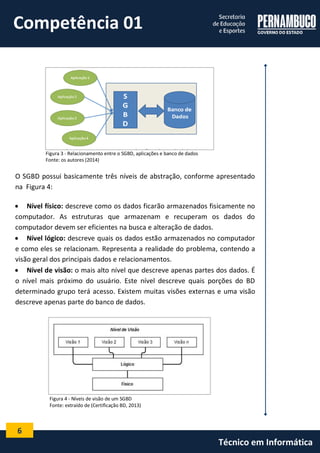 6 
Técnico em Informática 
Figura 3 - Relacionamento entre o SGBD, aplicações e banco de dados 
Fonte: os autores (2014) 
O SGBD possui basicamente três níveis de abstração, conforme apresentado na Figura 4: 
 Nível físico: descreve como os dados ficarão armazenados fisicamente no computador. As estruturas que armazenam e recuperam os dados do computador devem ser eficientes na busca e alteração de dados. 
 Nível lógico: descreve quais os dados estão armazenados no computador e como eles se relacionam. Representa a realidade do problema, contendo a visão geral dos principais dados e relacionamentos. 
 Nível de visão: o mais alto nível que descreve apenas partes dos dados. É o nível mais próximo do usuário. Este nível descreve quais porções do BD determinado grupo terá acesso. Existem muitas visões externas e uma visão descreve apenas parte do banco de dados. 
Figura 4 - Níveis de visão de um SGBD 
Fonte: extraído de (Certificação BD, 2013) 
Competência 01  