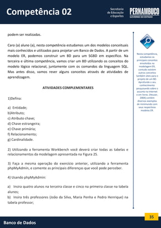 35 
Banco de Dados 
podem ser realizadas. 
Caro (a) aluno (a), nesta competência estudamos um dos modelos conceituais mais conhecidos e utilizados para projetar um Banco de Dados. A partir de um modelo ER, podemos construir um BD para um SGBD em específico. Na terceira e última competência, vamos criar um BD utilizando os conceitos do modelo lógico relacional, juntamente com os comandos da linguagem SQL. Mas antes disso, vamos rever alguns conceitos através de atividades de aprendizagem. 
ATIVIDADES COMPLEMENTARES 
1)Defina: 
a) Entidade; 
b)Atributo; 
c) Atributo chave; 
d) Chave estrangeira; 
e) Chave primária; 
f) Relacionamento; 
g) Cardinalidade. 
2) Utilizando a ferramenta Workbench você deverá criar todas as tabelas e relacionamentos da modelagem apresentada na Figura 25. 
3) Faça a mesma operação do exercício anterior, utilizando a ferramenta phpMyAdmin, e comente as principais diferenças que você pode perceber. 
4) Usando phpMyAdmin: 
a) Insira quatro alunos na terceira classe e cinco na primeira classe na tabela alunos; 
b) Insira três professores (João da Silva, Maria Penha e Pedro Henrique) na tabela professor; 
Nesta competência, estudamos os principais conceitos envolvidos na modelagem ER, contudo existem outros conceitos também úteis para o projeto de um BD. Aprofunde o seu conhecimento pesquisando sobre o assunto na internet e em livros. (Heuser, 2004) contém diversos exemplos de minimundo com seus respectivos modelos ER. 
Competência 02  