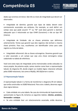 43 
Banco de Dados 
dados que veremos em breve. São três os níveis de integridade que devem ser observados: 
 Integridade de domínio: garante que tipos de dados devem estar corretamente associados aos atributos. Por exemplo, se você definir um campo sexo que pode assumir “F” ou “M” você deve garantir o domínio adequado que é relacionado ao tipo CHAR (Caractere) e não ao tipo INT (Inteiro). 
 Integridade de Entidade: são as chaves primárias que definimos anteriormente. Temos que garantir que dois registros não tenham a mesma chave primária. Para isso, escolhemos um identificador único para cada registro ou linha da tabela. 
 Integridade referencial: são as chaves estrangeiras. Devemos garantir que o valor associado a um campo que seja uma chave estrangeira esteja cadastrado na tabela de referência. 
Você verá estes tipos de integridade acima mencionados sendo colocadas no nosso projeto. Na próxima seção, vamos mostrar como fazer a representação tabular do diagrama ER, dando origem ao modelo lógico relacional utilizado pelos SGBD relacionais, tais como o MySQL, MS SQLServer e outros. 
3.7 Representação Tabular 
A representação tabular é a forma de transformar o diagrama ER em tabelas que serão construídas no SGBD Relacional. Para criar a tabela, devemos seguir duas regras básicas: 
 Cada entidade vira uma tabela. No caso do minimundo do Supermercado, apresentado na Figura 26, teríamos as seguintes tabelas: clientes, produtos, fornecedor e estoque. 
 Se uma entidade tiver um relacionamento associado, então devemos 
Competência 03  