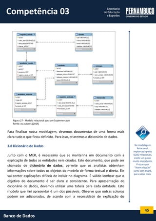 45 
Banco de Dados 
Figura 27 - Modelo relacional para um Supermercado 
Fonte: os autores (2014) 
Para finalizar nossa modelagem, devemos documentar de uma forma mais clara tudo o que ficou definido. Para isso, criaremos o dicionário de dados. 
3.8 Dicionário de Dados 
Junto com o MER, é necessário que se mantenha um documento com a explicação de todas as entidades nele criadas. Este documento, que pode ser chamado de dicionário de dados, permite que os analistas obtenham informações sobre todos os objetos do modelo de forma textual e direta. Ele vai conter explicações difíceis de incluir no diagrama. É válido lembrar que o objetivo do documento é ser claro e consistente. Para apresentação do dicionário de dados, devemos utilizar uma tabela para cada entidade. Este modelo que irei apresentar é um dos possíveis. Observe que outras colunas podem ser adicionadas, de acordo com a necessidade de explicação do 
Na modelagem Relacional, implantada pelos SGBD relacionais, existe um passo muito importante. Procure por “Normalização” junto com SGDB, para saber mais. 
Competência 03  