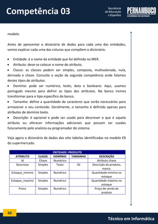 46 
Técnico em Informática 
modelo. 
Antes de apresentar o dicionário de dados para cada uma das entidades, vamos explicar cada uma das colunas que compõem o dicionário. 
 Entidade: é o nome da entidade que foi definida no MER. 
 Atributo: deve-se colocar o nome do atributo. 
 Classe: as classes podem ser simples, composta, multivalorada, nula, derivada e chave. Consulte a seção da segunda competência onde falamos destes tipos de atributos. 
 Domínio: pode ser numérico, texto, data e booleano. Aqui, usamos português mesmo para definir os tipos dos atributos. No banco iremos transformar para o tipo específico do banco. 
 Tamanho: define a quantidade de caracteres que serão necessários para armazenar o seu conteúdo. Geralmente, o tamanho é definido apenas para atributos de domínio texto. 
 Descrição: é opcional e pode ser usado para descrever o que é aquele atributo ou oferecer informações adicionais que possam ser usadas futuramente pelo analista ou programador do sistema. 
Veja agora o dicionário de dados das oito tabelas identificadas no modelo ER do supermercado. 
ENTIDADE: PRODUTO 
ATRIBUTO 
CLASSE 
DOMÍNIO 
TAMANHO 
DESCRIÇÃO 
Id 
Chave 
Numérico 
Atributo chave 
Descricao 
Simples 
Texto 
50 
Descrição do produto, marca. 
Estoque_minimo 
Simples 
Numérico 
Quantidade mínima no estoque 
Estoque_maximo 
Simples 
Numérico 
Quantidade máxima no estoque 
Preco 
Simples 
Numérico 
Preço de venda do produto 
Competência 03  
