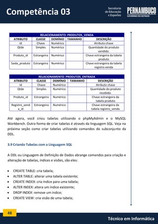 48 
Técnico em Informática 
RELACIONAMENTO: PRODUTOS_VENDA 
ATRIBUTO 
CLASSE 
DOMÍNIO 
TAMANHO 
DESCRIÇÃO 
Id 
Chave 
Numérico 
Atributo chave 
Qtde 
Simples 
Numérico 
Quantidade do produto vendido. 
Produto_id 
Estrangeira 
Numérico 
Chave estrangeira da tabela produto 
Saida_produto 
Estrangeira 
Numérico 
Chave estrangeira da tabela registro venda 
RELACIONAMENTO: PRODUTOS_ENTRADA 
ATRIBUTO 
CLASSE 
DOMÍNIO 
TAMANHO 
DESCRIÇÃO 
Id 
Chave 
Numérico 
Atributo chave 
Qtde 
Simples 
Numérico 
Quantidade do produto recebido. 
Produto_id 
Estrangeira 
Numérico 
Chave estrangeira da tabela produto 
Registro_venda_id 
Estrangeira 
Numérico 
Chave estrangeira da tabela registro_venda 
Até agora, você criou tabelas utilizando o phpMyAdmin e o MySQL Workbench. Outra forma de criar tabelas é através da linguagem SQL. Veja na próxima seção como criar tabelas utilizando comandos do subconjunto da DDL. 
3.9 Criando Tabelas com a Linguagem SQL 
A DDL ou Linguagem de Definição de Dados abrange comandos para criação e alteração de tabelas, índices e visões, são eles: 
 CREATE TABLE: cria tabela; 
 ALTER TABLE: alterar uma tabela existente; 
 CREATE INDEX: cria índice para uma tabela; 
 ALTER INDEX: altera um índice existente; 
 DROP INDEX: remove um índice; 
 CREATE VIEW: cria visão de uma tabela; 
Competência 03  