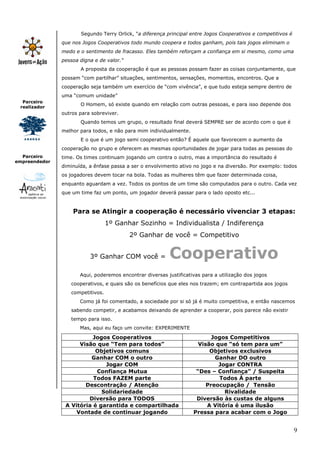 9
Parceiro
realizador
Parceiro
empreendedor
Segundo Terry Orlick, "a diferença principal entre Jogos Cooperativos e competitivos é
que nos Jogos Cooperativos todo mundo coopera e todos ganham, pois tais jogos eliminam o
medo e o sentimento de fracasso. Eles também reforçam a confiança em si mesmo, como uma
pessoa digna e de valor."
A proposta da cooperação é que as pessoas possam fazer as coisas conjuntamente, que
possam “com partilhar” situações, sentimentos, sensações, momentos, encontros. Que a
cooperação seja também um exercício de “com vivência”, e que tudo esteja sempre dentro de
uma “comum unidade”
O Homem, só existe quando em relação com outras pessoas, e para isso depende dos
outros para sobreviver.
Quando temos um grupo, o resultado final deverá SEMPRE ser de acordo com o que é
melhor para todos, e não para mim individualmente.
E o que é um jogo semi cooperativo então? É aquele que favorecem o aumento da
cooperação no grupo e oferecem as mesmas oportunidades de jogar para todas as pessoas do
time. Os times continuam jogando um contra o outro, mas a importância do resultado é
diminuída, a ênfase passa a ser o envolvimento ativo no jogo e na diversão. Por exemplo: todos
os jogadores devem tocar na bola. Todas as mulheres têm que fazer determinada coisa,
enquanto aguardam a vez. Todos os pontos de um time são computados para o outro. Cada vez
que um time faz um ponto, um jogador deverá passar para o lado oposto etc...
Para se Atingir a cooperação é necessário vivenciar 3 etapas:
1º Ganhar Sozinho = Individualista / Indiferença
2º Ganhar de você = Competitivo
3º Ganhar COM você = Cooperativo
Aqui, poderemos encontrar diversas justificativas para a utilização dos jogos
cooperativos, e quais são os benefícios que eles nos trazem; em contrapartida aos jogos
competitivos.
Como já foi comentado, a sociedade por si só já é muito competitiva, e então nascemos
sabendo competir, e acabamos deixando de aprender a cooperar, pois parece não existir
tempo para isso.
Mas, aqui eu faço um convite: EXPERIMENTE
Jogos Cooperativos Jogos Competitivos
Visão que “Tem para todos” Visão que “só tem para um”
Objetivos comuns Objetivos exclusivos
Ganhar COM o outro Ganhar DO outro
Jogar COM Jogar CONTRA
Confiança Mutua “Des – Confiança” / Suspeita
Todos FAZEM parte Todos À parte
Descontração / Atenção Preocupação / Tensão
Solidariedade Rivalidade
Diversão para TODOS Diversão às custas de alguns
A Vitória é garantida e compartilhada A Vitória é uma ilusão
Vontade de continuar jogando Pressa para acabar com o Jogo
 