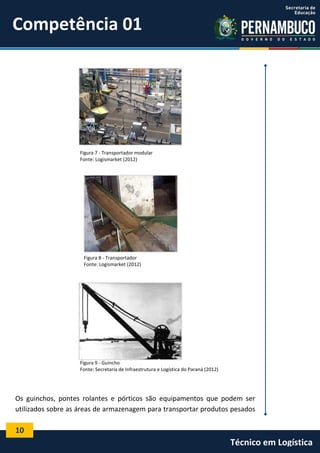 10
Técnico em Logística
Figura 7 - Transportador modular
Fonte: Logismarket (2012)
Figura 8 - Transportador
Fonte: Logismarket (2012)
Figura 9 - Guincho
Fonte: Secretaria de Infraestrutura e Logística do Paraná (2012)
Os guinchos, pontes rolantes e pórticos são equipamentos que podem ser
utilizados sobre as áreas de armazenagem para transportar produtos pesados
Competência 01
 