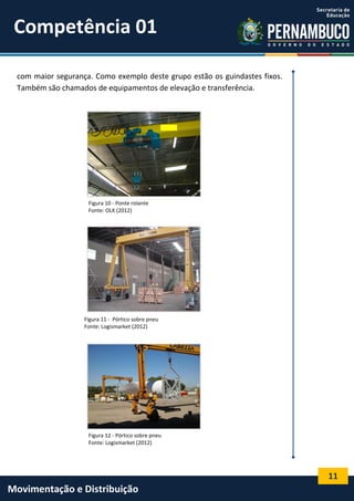 11
Movimentação e Distribuição
com maior segurança. Como exemplo deste grupo estão os guindastes fixos.
Também são chamados de equipamentos de elevação e transferência.
Figura 10 - Ponte rolante
Fonte: OLX (2012)
Figura 11 - Pórtico sobre pneu
Fonte: Logismarket (2012)
Figura 12 - Pórtico sobre pneu
Fonte: Logismarket (2012)
Competência 01
 